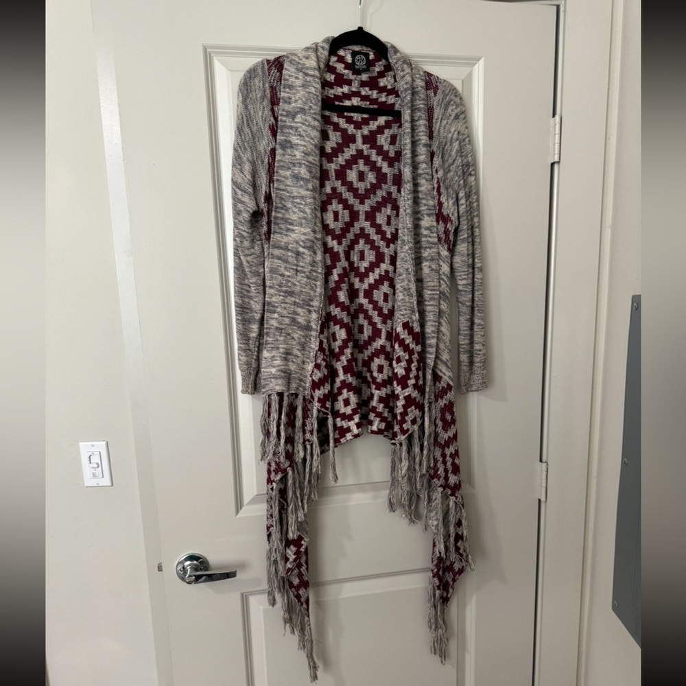 Bobeau Gray and Red Cardigan Sweater with Asymmetrical Hem